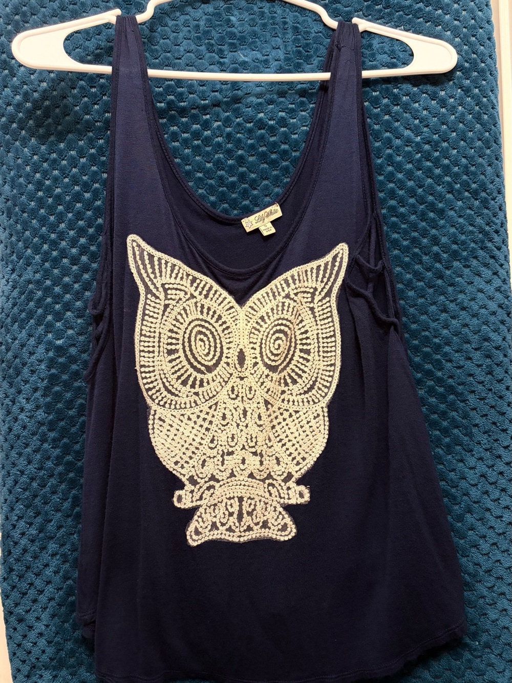Lily White Navy Tank with Ivory Crochet Owl